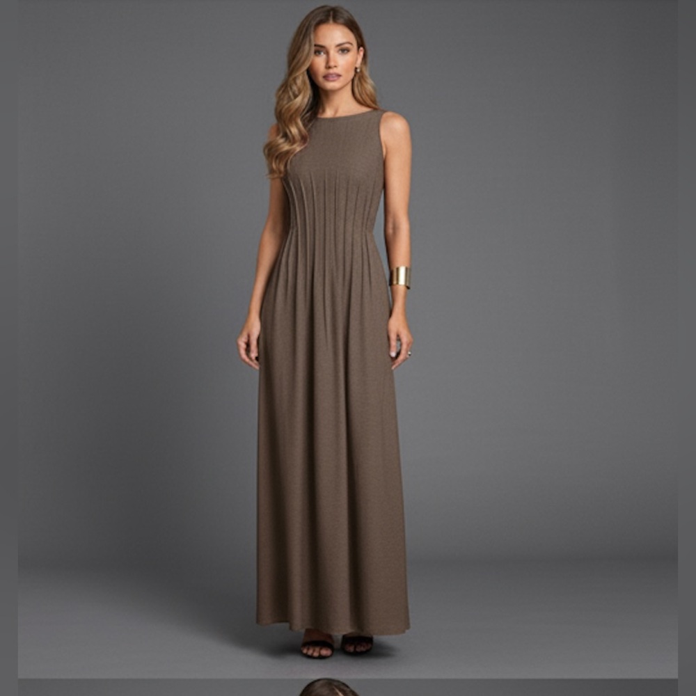 Pleated Waist Minimalist Maxi Dress Brown - Picture 1 of 8